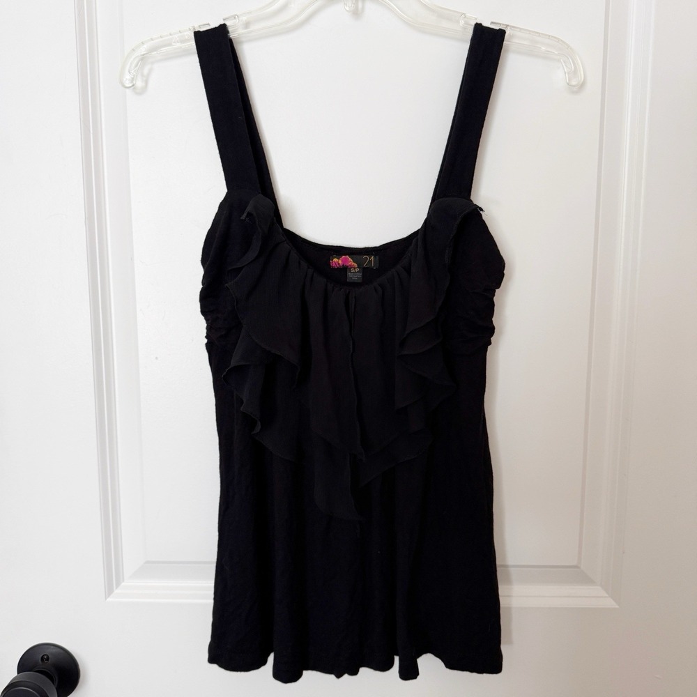 Vintage Forever 21 Y2K Black Ruffle Tank Top Small Coquette Elena Gilbert Bella